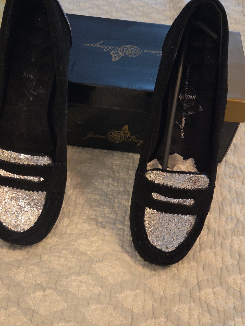 Joan Boyce Black Loafers with Silver Glitter Toe